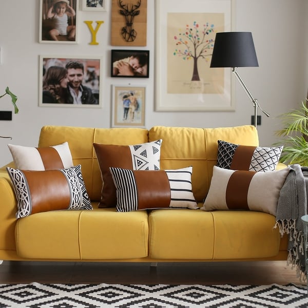 Boho Throw Pillow Brown Mixed Design Set of 2 Vegan Faux Leather