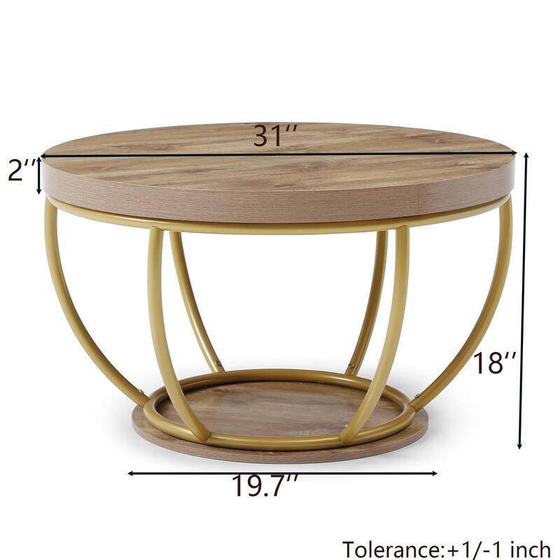 31" Round Industrial Coffee Table with 2-Tier Storage Shelves, Modern Wood & Golden Metal Accent Center Table