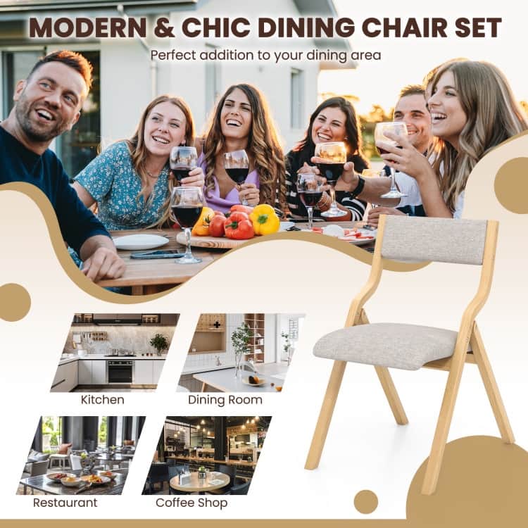 Set of 2 Wooden Folding Dining Chair with Linen Fabric Padded Seat and Backrest - 19" x 24" x 31" (L x W x H)