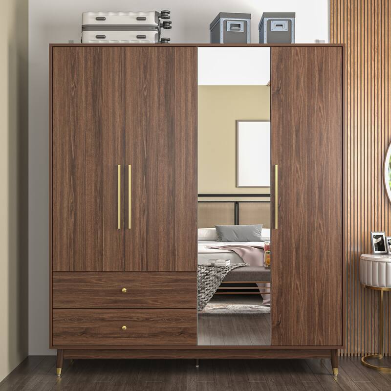 Wooden 2 Drawers 4 Doors Wardrobe Armoire With Mirror (Gray/Black)