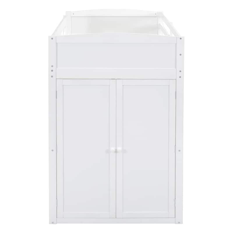 Multifunction Storage Wood Loft Bed Frame with Wardrobes, Desk, 4 Storage Drawers & Bookshelves, Space-Saving Design for Bedroom