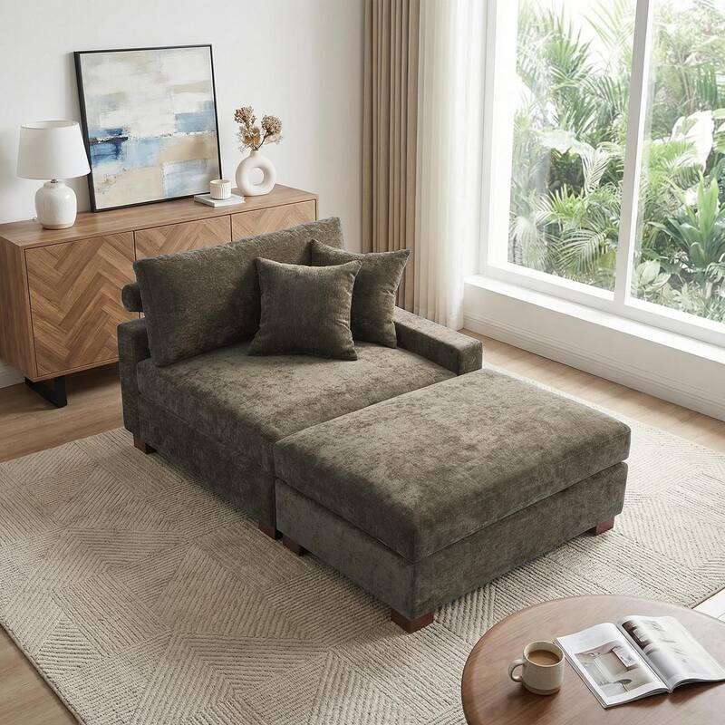 Modern Chenille Chaise Lounge Set with Ottoman