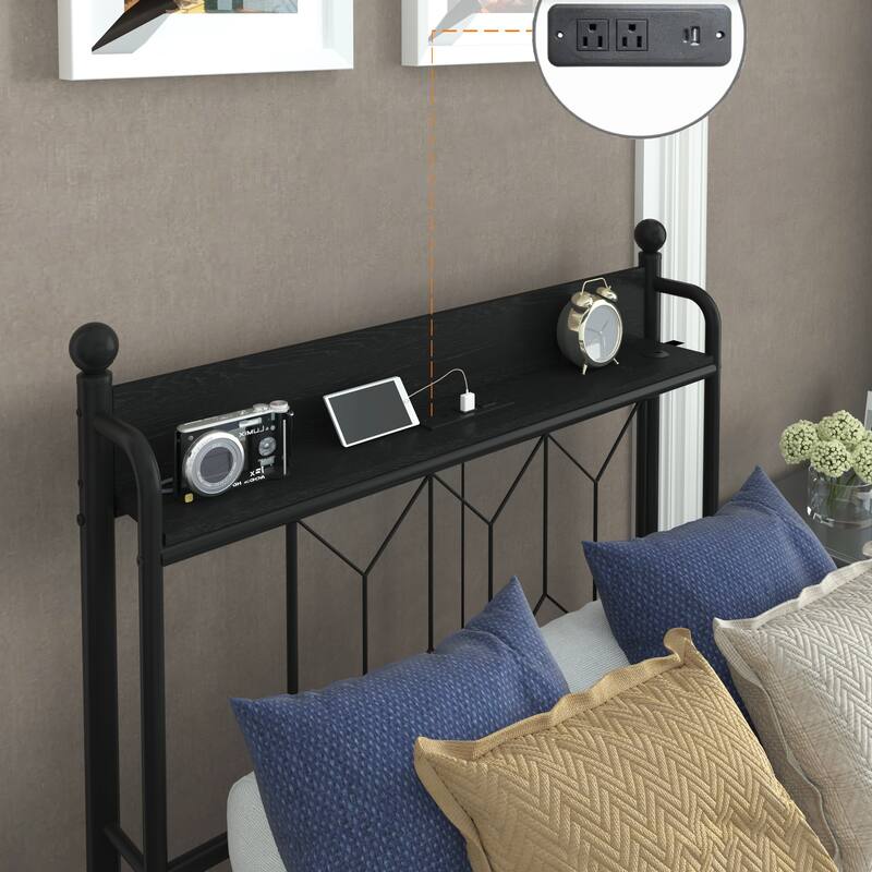 Twin Bed Frames, Headboard and Charging Station & LED Light for Bedroom, Solid and Stable, Noise Free, No Box Spring Needed