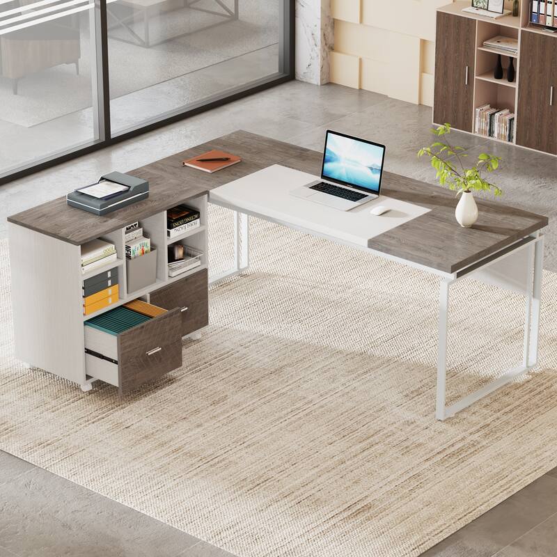 63" L-Shaped Executive Desk with Reversible File Cabinet Office Desk with Storage Drawers