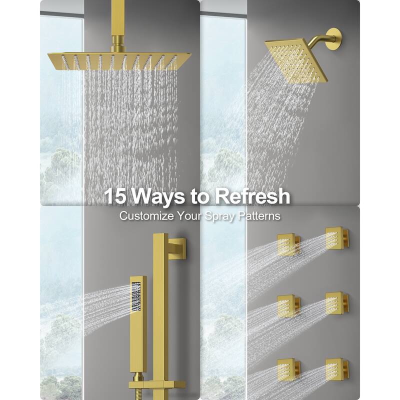 GRANDJOY Shower System 16 inch Rainfall Ceiling and 6 inch Wall Mount Dual Shower Head Handheld Spray Slide Bar Thermostatic