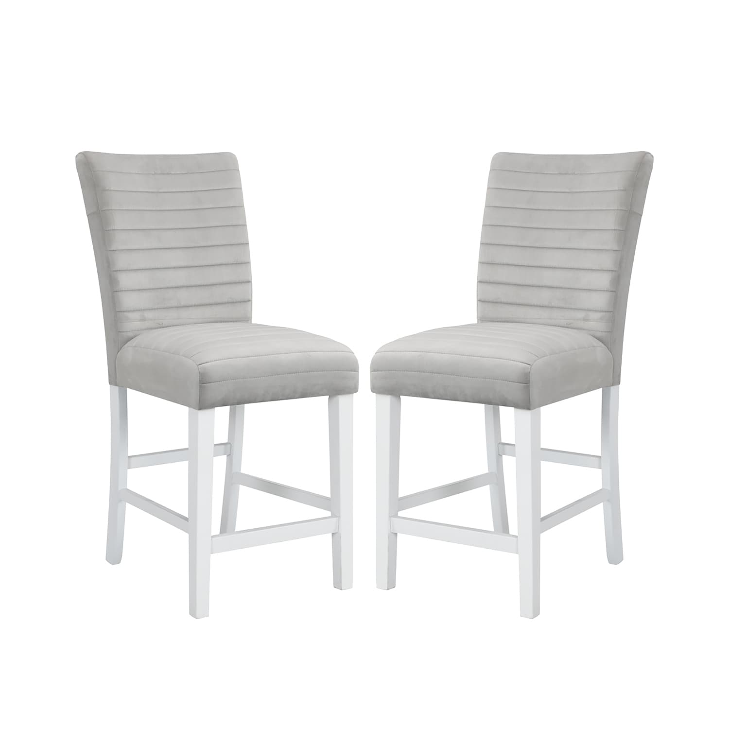 Set of 2 Velvet Upholstered Counter Height Chairs, Grey and White High Gloss