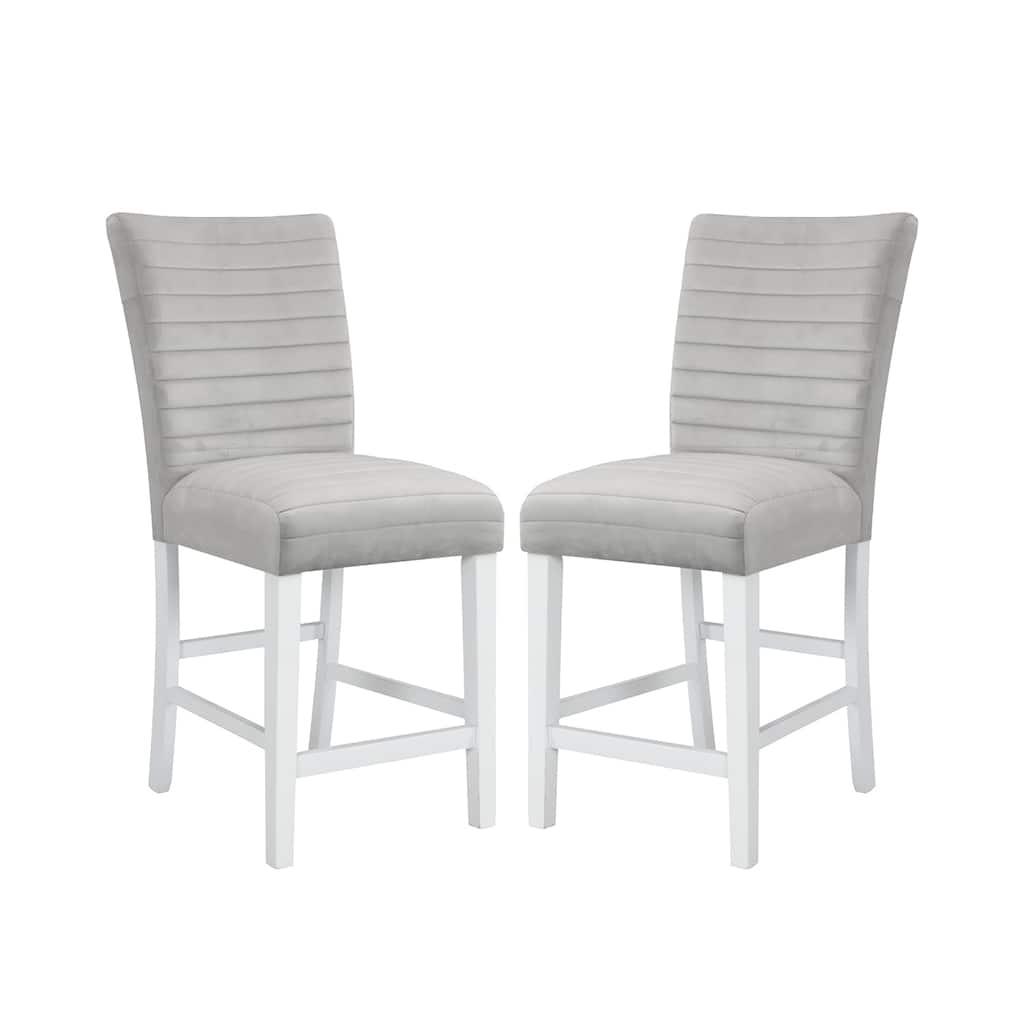 Set of 2 Velvet Upholstered Counter Height Chairs, Grey and White High Gloss