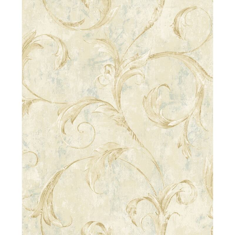 Seabrook Designs Creswell Scroll Unpasted Wallpaper - 20.5 in. W x 33 ft. L - Metallic Tan & Blue Smoke