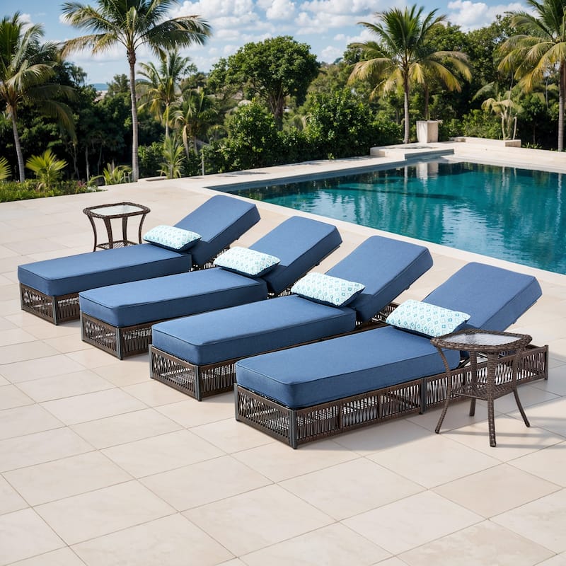 ArcoBay 6-Piece Brown Wicker Outdoor Patio Chaise Lounge with 5-Inch Thick Cushions and Side Table - Navy Blue
