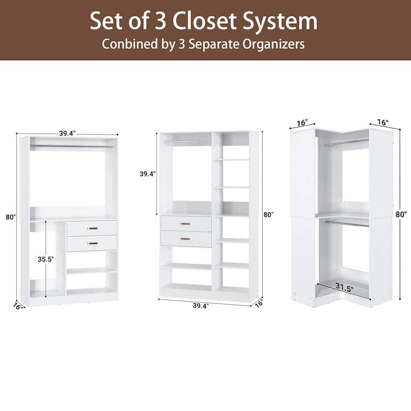 Rackcog 71'' - 110'' Set of 3 Freestanding Corner Closet Organizer, Reversible Wardrobe with Hanging Rods