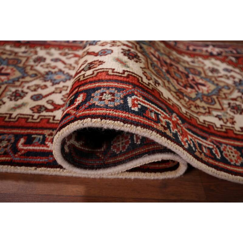 Ivory Geometric Heriz Serapi Oriental Runner Rug Handmade Wool Carpet - 2'7"x 8'1"