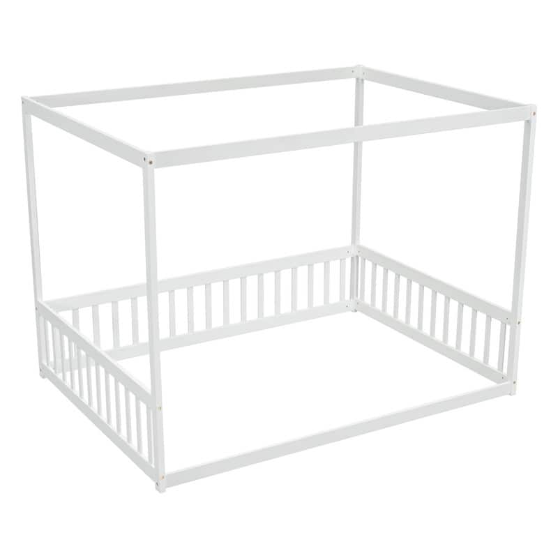 Full Size Wood Canopy Bed with Guardrails,Floor Bed For Kids