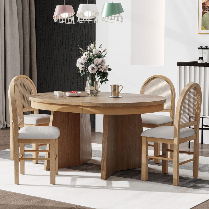 Spruce & Spring Round Dining Table Set for 4, Extendable 5-Piece Mid Century Modern Farmhouse Table with Rattan Chairs - Natural