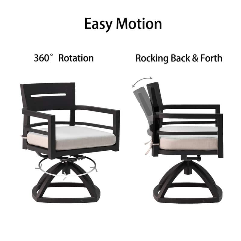 5-Piece Modern Patio Dining Set - Includes 4 Swivel Rockers with Sunbrella Cushions and a 40" Square Table with Umbrella Hole.