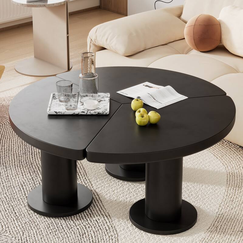 39.4" Round Petal-Shaped Coffee Table with 3 Thick Legs and Sleek Round Edges - Black
