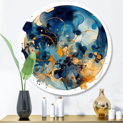 Designart "Blue And Yellow Liquid Depths II" Abstract Liquid Ink Metal Round Wall Art