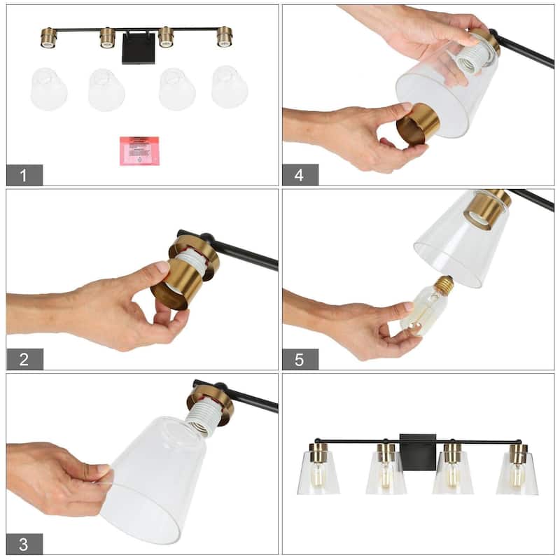 Airielle Black Gold 4-Lights Bathroom Vanity Lights Modern Farmhouse Wall Lamps with Cylinder Glass Shade