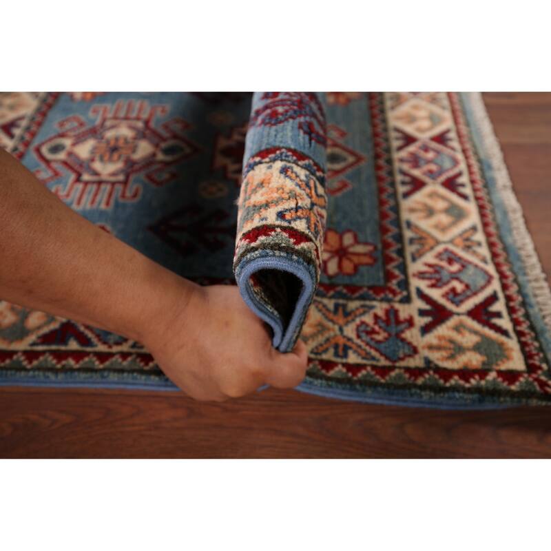 Hand Knotted Oriental 100% Wool Carpet Traditional Geometric Navy Blue & Blues Kazak Area Rug - 3' 0'' X 1' 11''