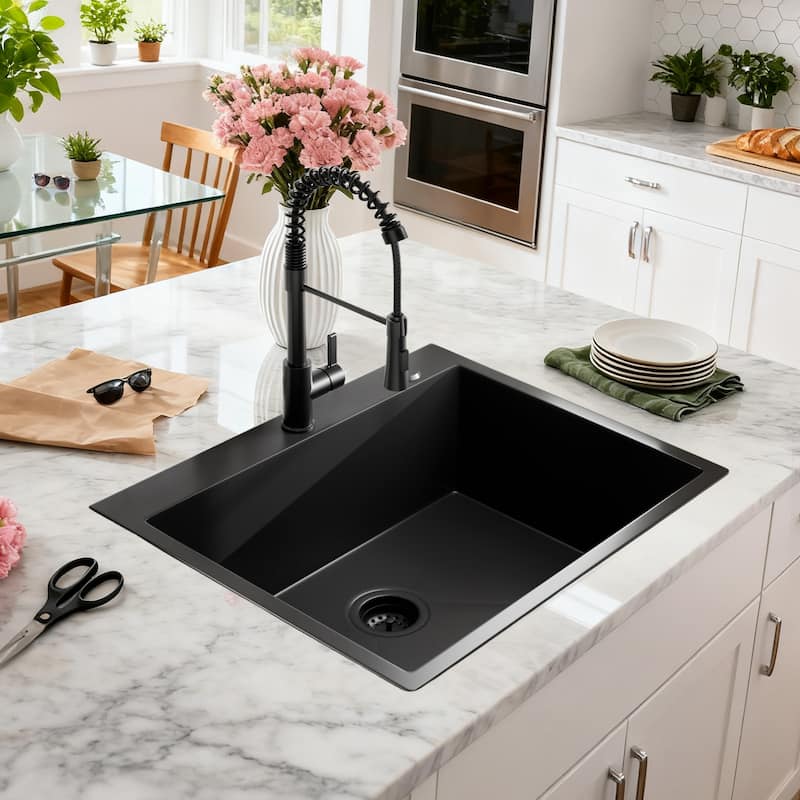 25 inch Drop-in Single Bowl Kitchen Sink, 18 Gauge Stainless Steel Kitchen Sink, Handmade Topmount Sink