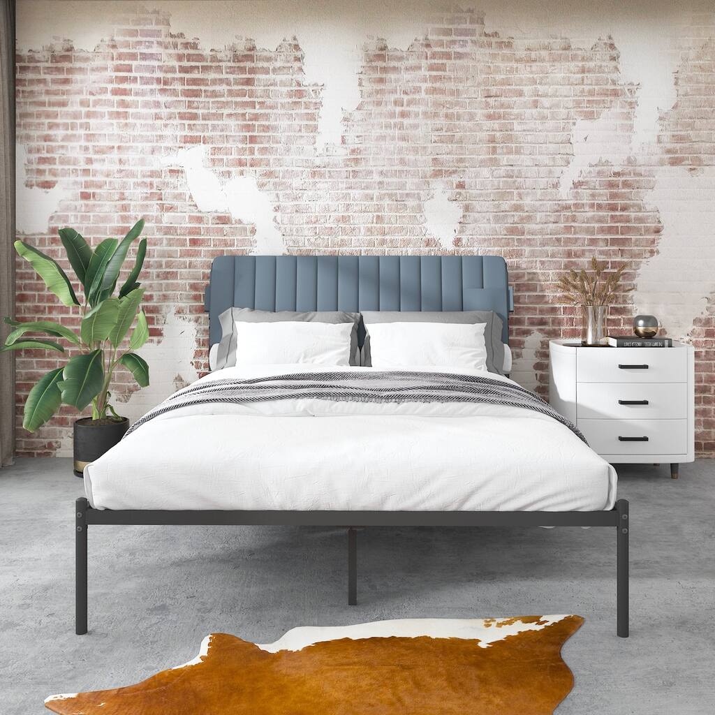 Queen Size Leathaire Upholstered Platform Bed Frame with Headboard