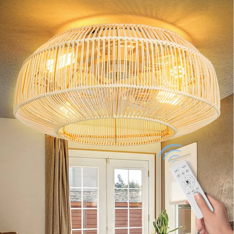 20 in. Indoor 4-Lights Gold Rattan Ceiling Fan with Light and Remote, Flush Mount Ceiling Fan, No Bulbs Included