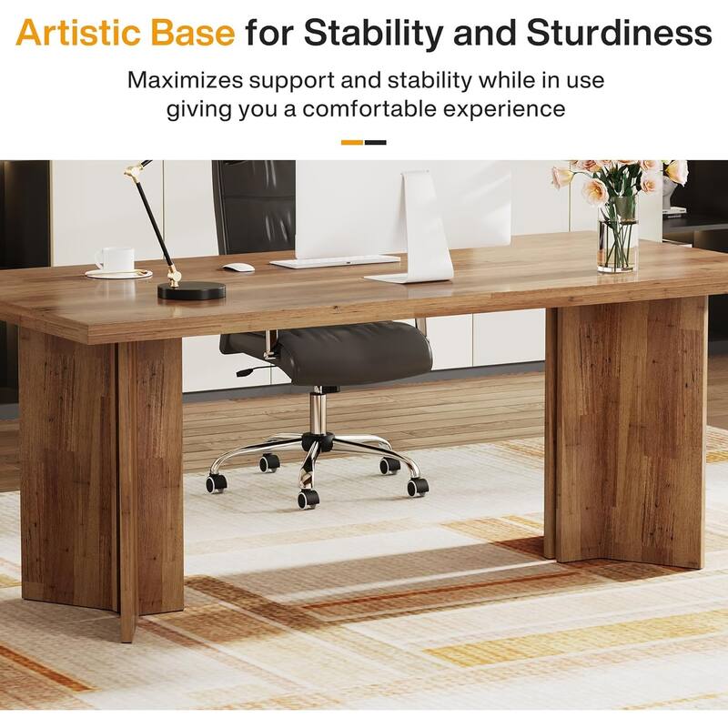 63" Farmhouse Executive Desk - Vintage Wood Computer Workstation with Thickened Tabletop, Large Writing & Conference Table