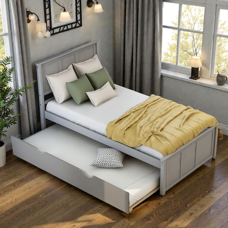 Twin Size Platform Bed with Trundle, Solid Wood Frame, Space-Saving Design, Pine & MDF Construction, No Box Spring Needed