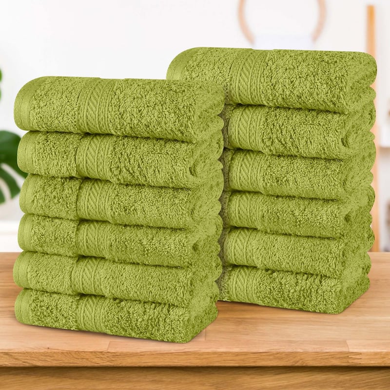 Superior Atlas Cotton Plush Heavyweight Face Towel Washcloth Set of 12 - Green Essence