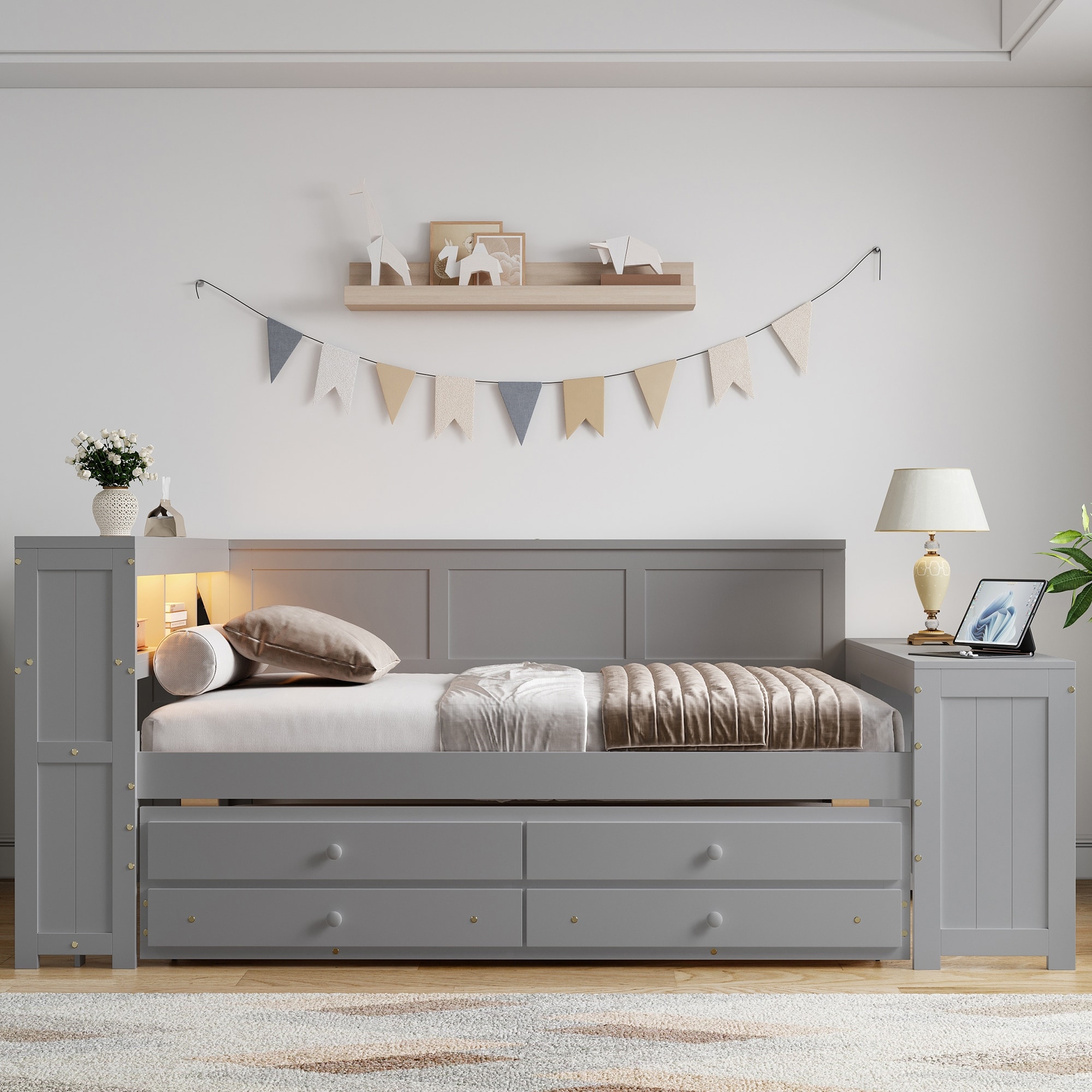Minimalist Gray Full Size Daybed with Trundle & Drawers