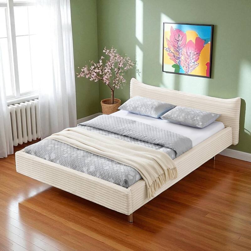 Queen Size Upholstered Velvet Platform Bed with Curved Headboard, Solid Wood Frame, No Box Spring Needed