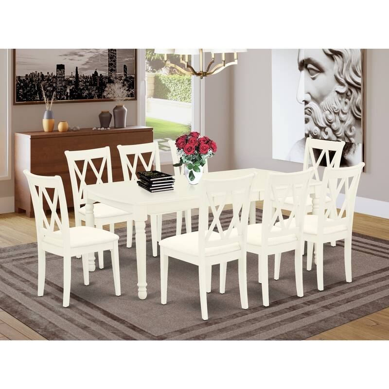 9Pc Dining Set - Rectangle Table with Leaf & 8 Linen Chairs - Kitchen Dinette Set - 78