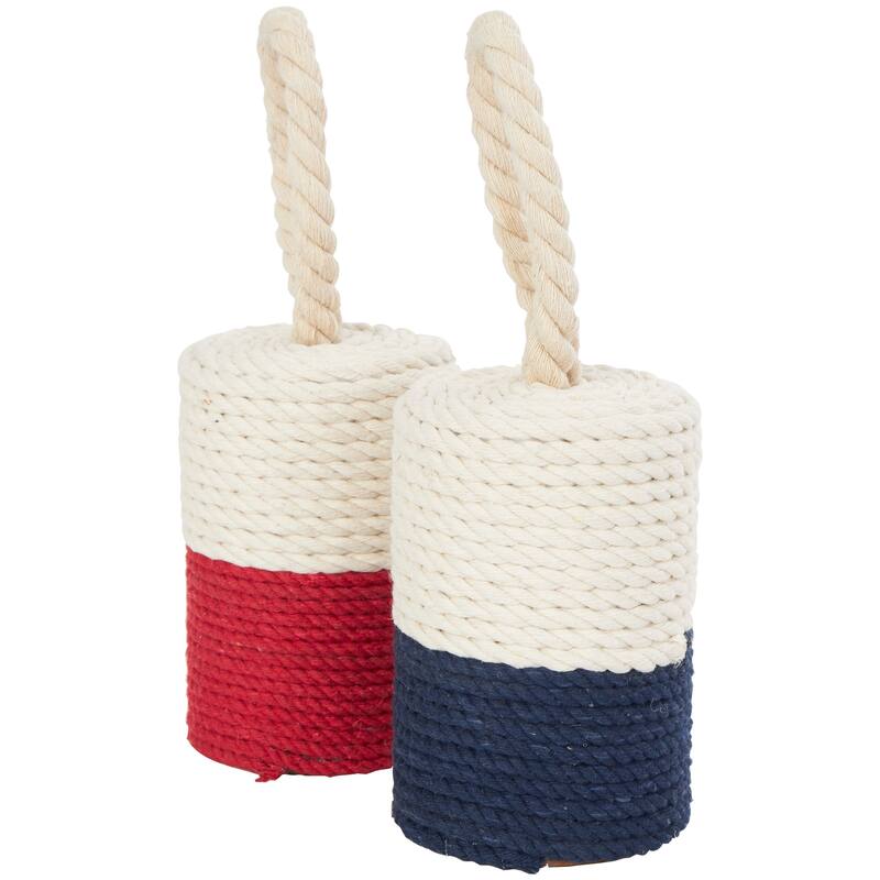 Cream Cotton Fabric Coiled Colorblock Buoy Sculpture with Red and Blue Bases (Set of 2)