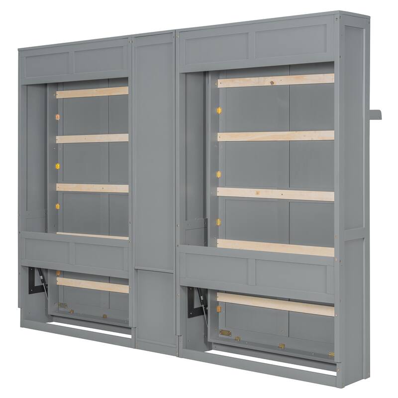 Dual Twin Size Murphy Beds, Twin and Twin Foldable Wall Platform Bed with Cabinets and Shelves, Hidden Double Murphy Bed Chest