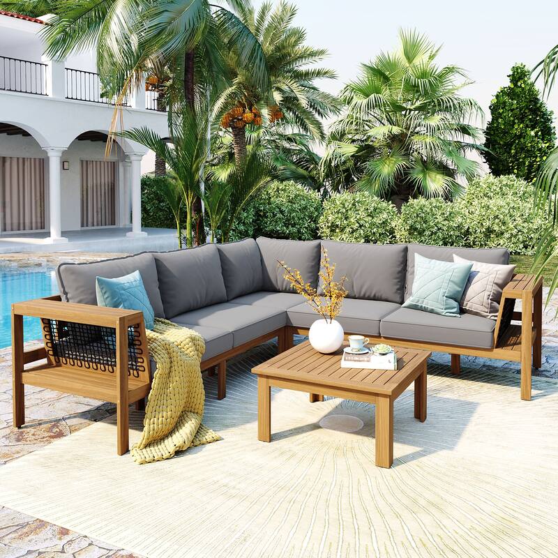 4 Pieces Outdoor Acacia Wood Sofa Set, L-Shaped Patio Furniture Sofa Set w/ Coffee Table, Outdoor Conversation Set, Beige - Grey