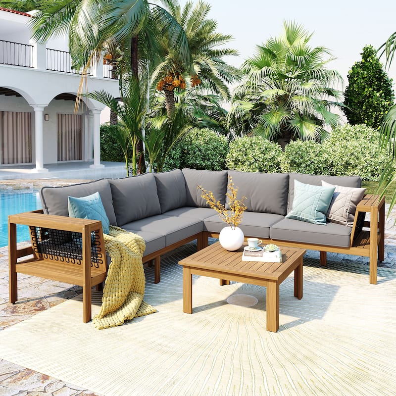 4 Pieces Outdoor Acacia Wood Sofa Set L-Shaped Patio Furniture Sofa Set with Coffee Table & Cushions, Woven Mesh Armrests - Gray