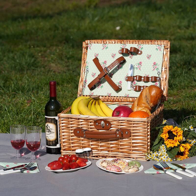 Wicker Picnic Basket for 2, Handmade Willow Hamper Basket Sets 2 Person Picnic Basket with Utensils Cutlery Perfect