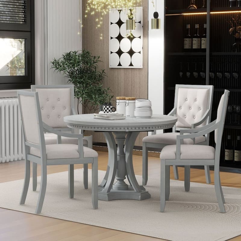 5-piece Dining Set Extendable Round Table and 4 Chairs for Kitchen Dining Room - Antique Gray