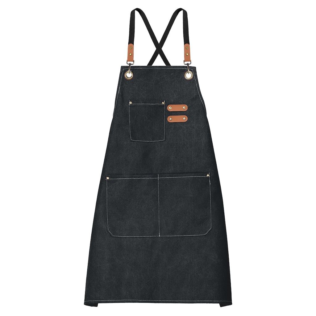 Canvas Chef Aprons 75x69cm Cross Back Kitchen Apron 3 Pockets - Black - 75x68cm
