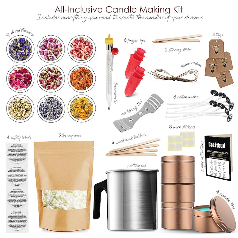 Craftbud 50 Piece Candle Making Kit with Dried Flowers - Full Botanical DIY Soy Candle Making Kit with Candle Wax and Supplies