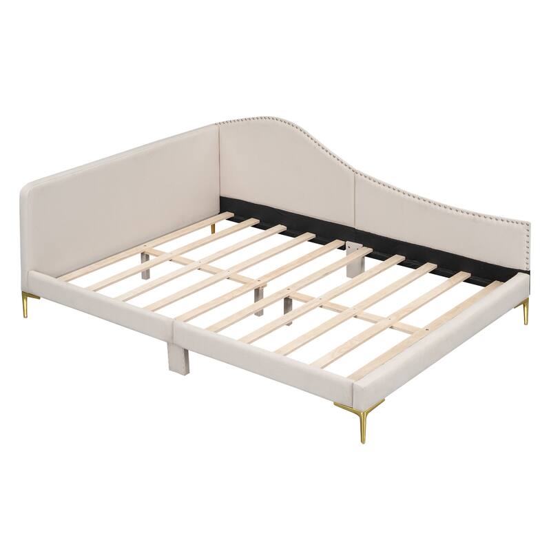 Modern Upholstered Full Size Daybed with Headboard and Armrest, Beige Linen Fabric, Sturdy Wood Frame