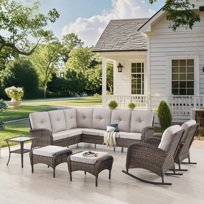 Gymojoy Outdoor Sectional Sofa Set with Rocking Chairs, Ottomans, Water-Resistant Cushions - Beige - 6-Piece
