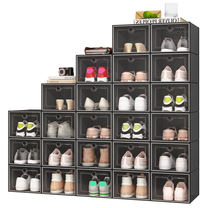 Moasis Stackable Shoe Storage Organizers, Large Size Plastic Shoe Box, Set of 24 - 24Pcs - Black