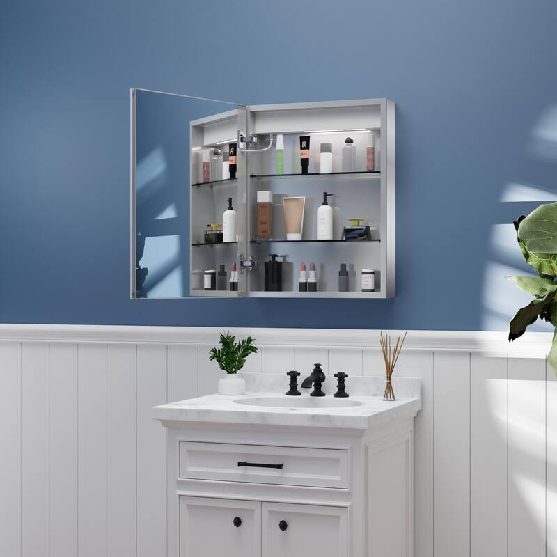 ExBrite LED Lighted Bathroom Medicine Cabinet with Mirror,Recessed or Surface Mount, Defog