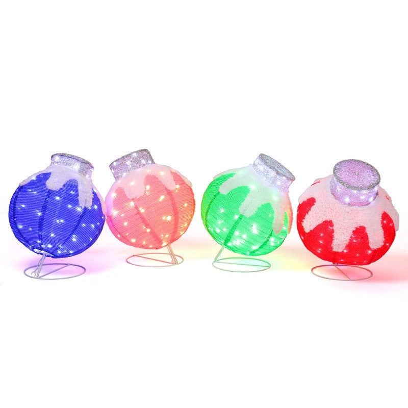 Set of 4 Lighted Ball Ornaments Christmas Decorations - red+green+blue+pink