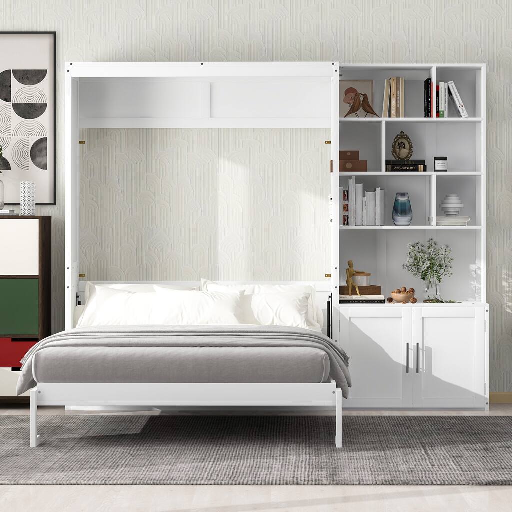 Harper&Bright Designs Full Size Murphy Bed with Multiple Storage Shelves and A Cabinet