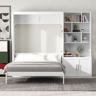 Roomfitters Full Murphy Wall Bed with Multiple Storage Shelves and Built-In Cabinet, White