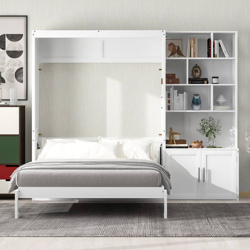 Space-Saving Full Size Murphy Bed with Storage Shelves and Cabinet, White - White