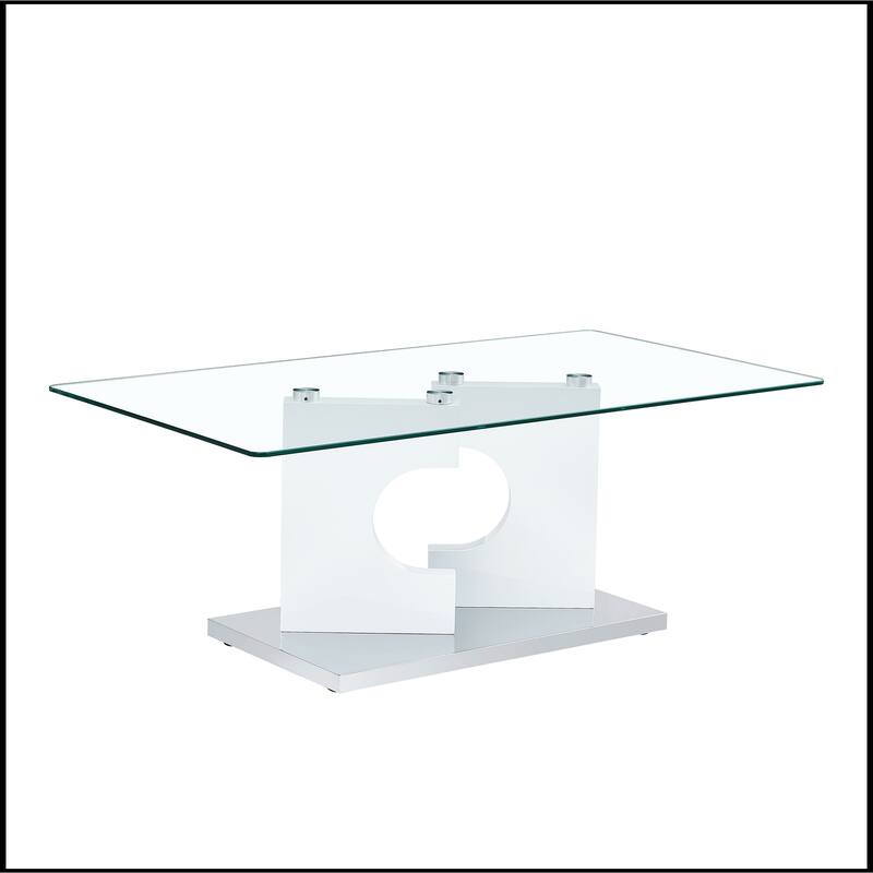 Rectangular Coffee Table with Tempered Glass Tabletop and White MDF Legs