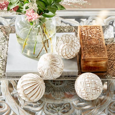 White Ceramic Handmade Carved Decorative Ball Orbs & Vase Filler with Varying Patterns (Set of 4) - 4 x 4 x 4 Round