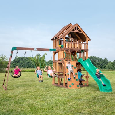 Backyard Discovery Highlander Cedar Wood Swing Set, 3-Story Clubhouse - 15'5" x 15'6"